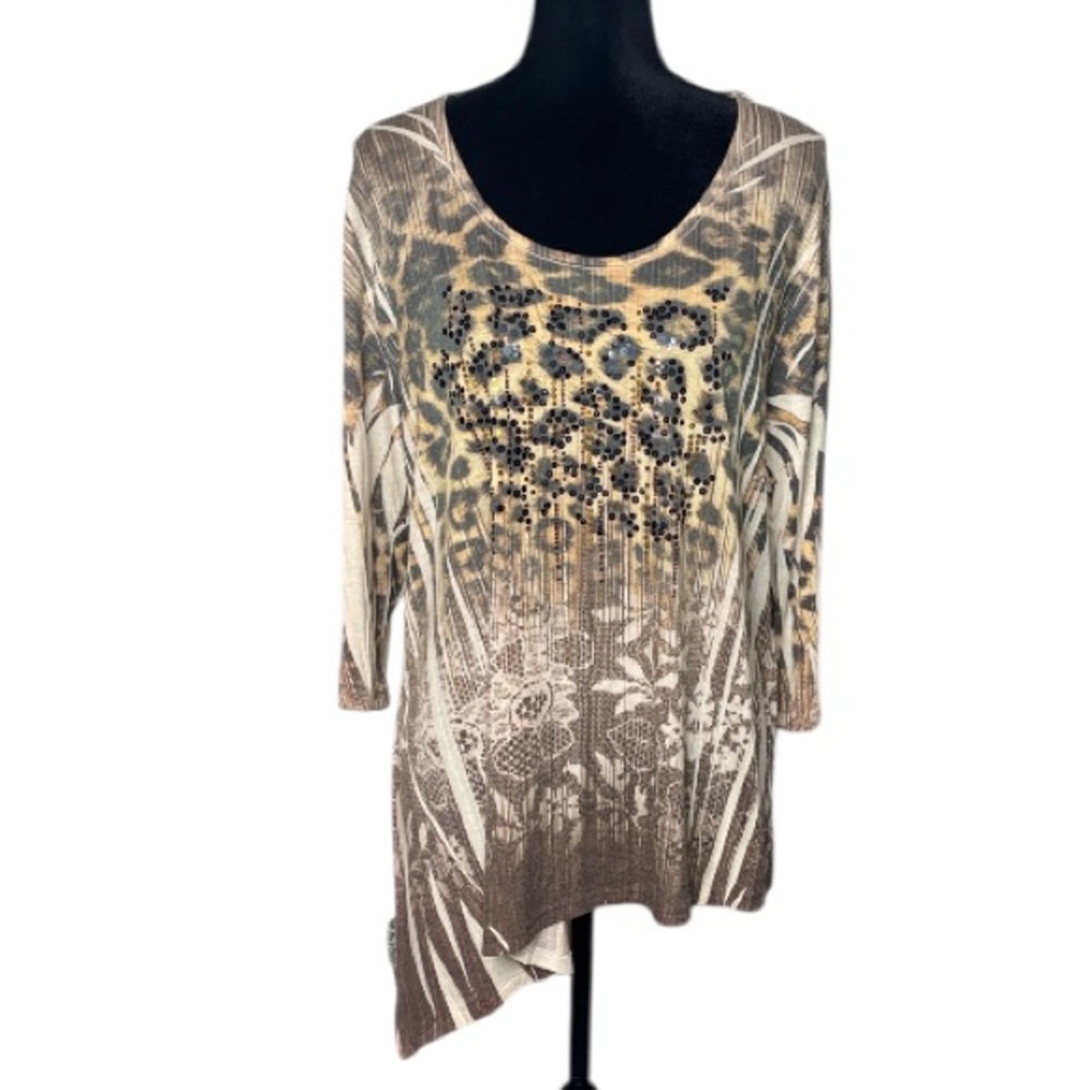 M - FASIS - Lace & Animal Print Asymmetrical Top w/ Sequins - Size 2X